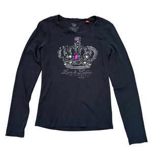 Esprit Heritage Crown Rhinestone Graphic Long Sleeve Tee Black Y2K Bling Top S